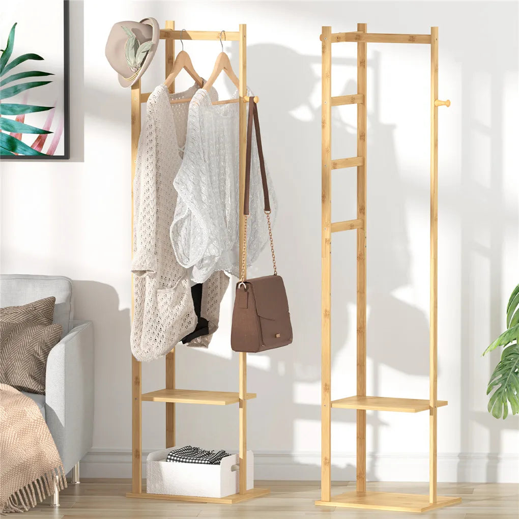 Heavy Duty Bamboo Corner Coat Stand with Shelves