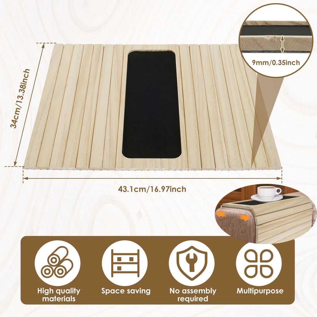 Foldable Bamboo Sofa Armrest Cup Holder Tray
