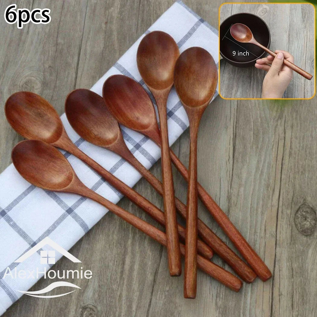 6-Piece Bamboo Wooden Spoon Set – Korean Style 9"