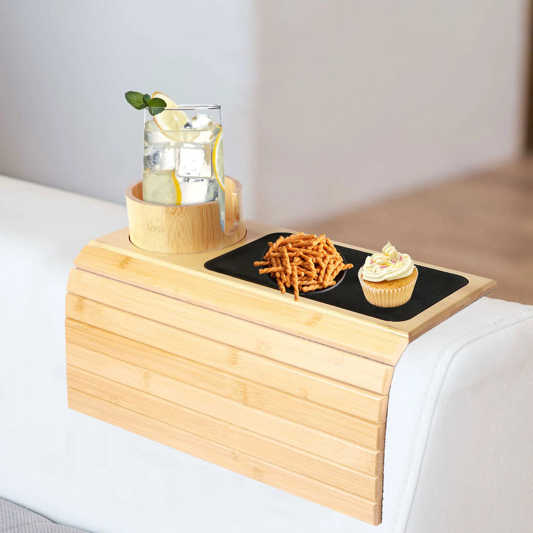 Foldable Bamboo Sofa Armrest Cup Holder Tray