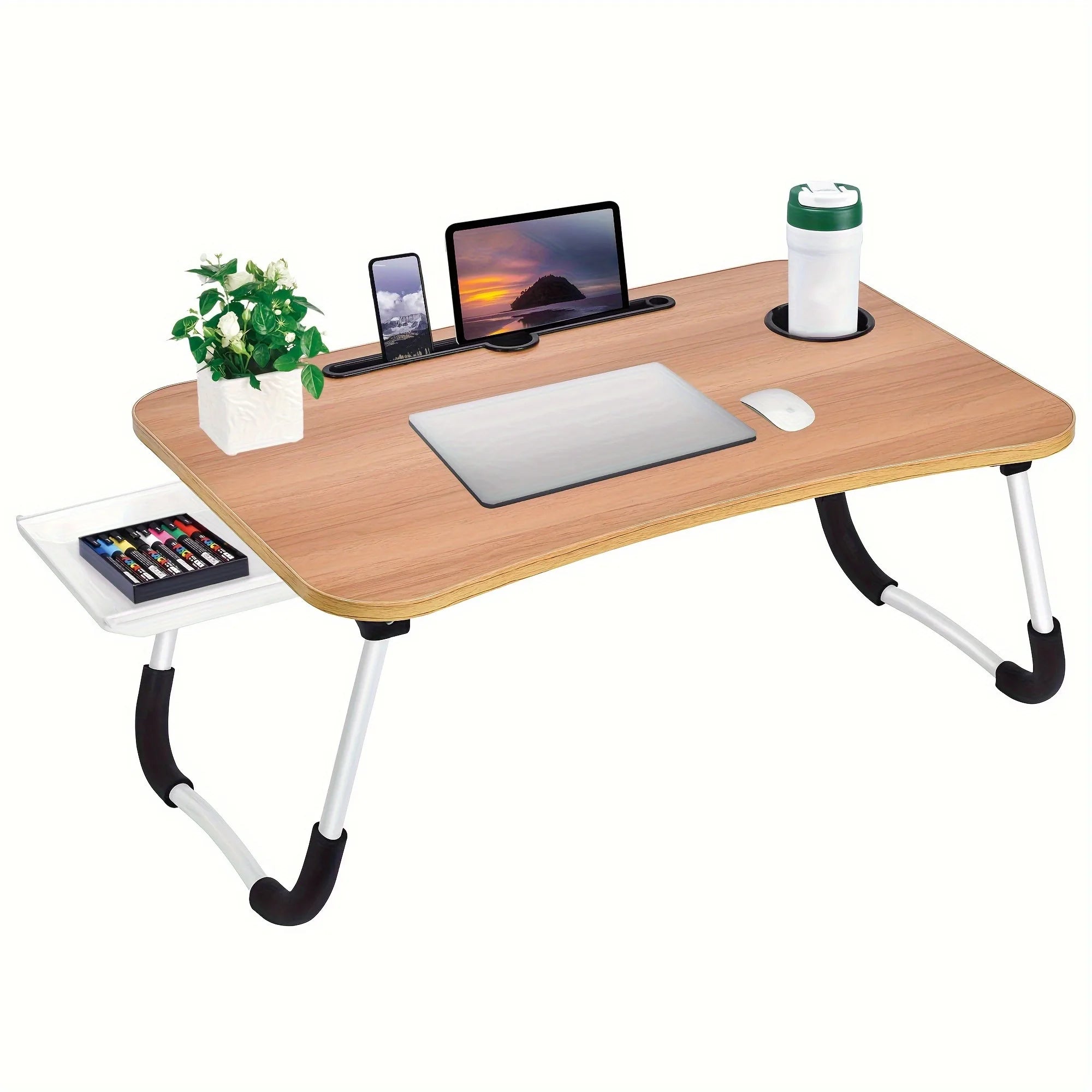 Foldable Laptop Bed Table with Cup Holder & Drawer