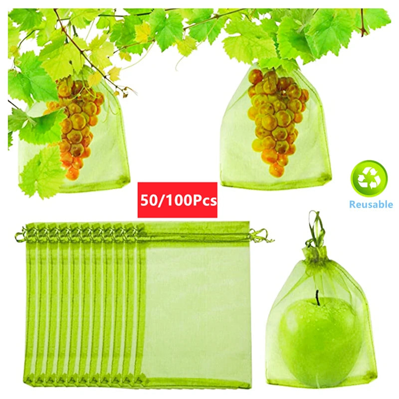 Reusable Fruit Protection Netting Bags with Drawstring (50/100 pcs)