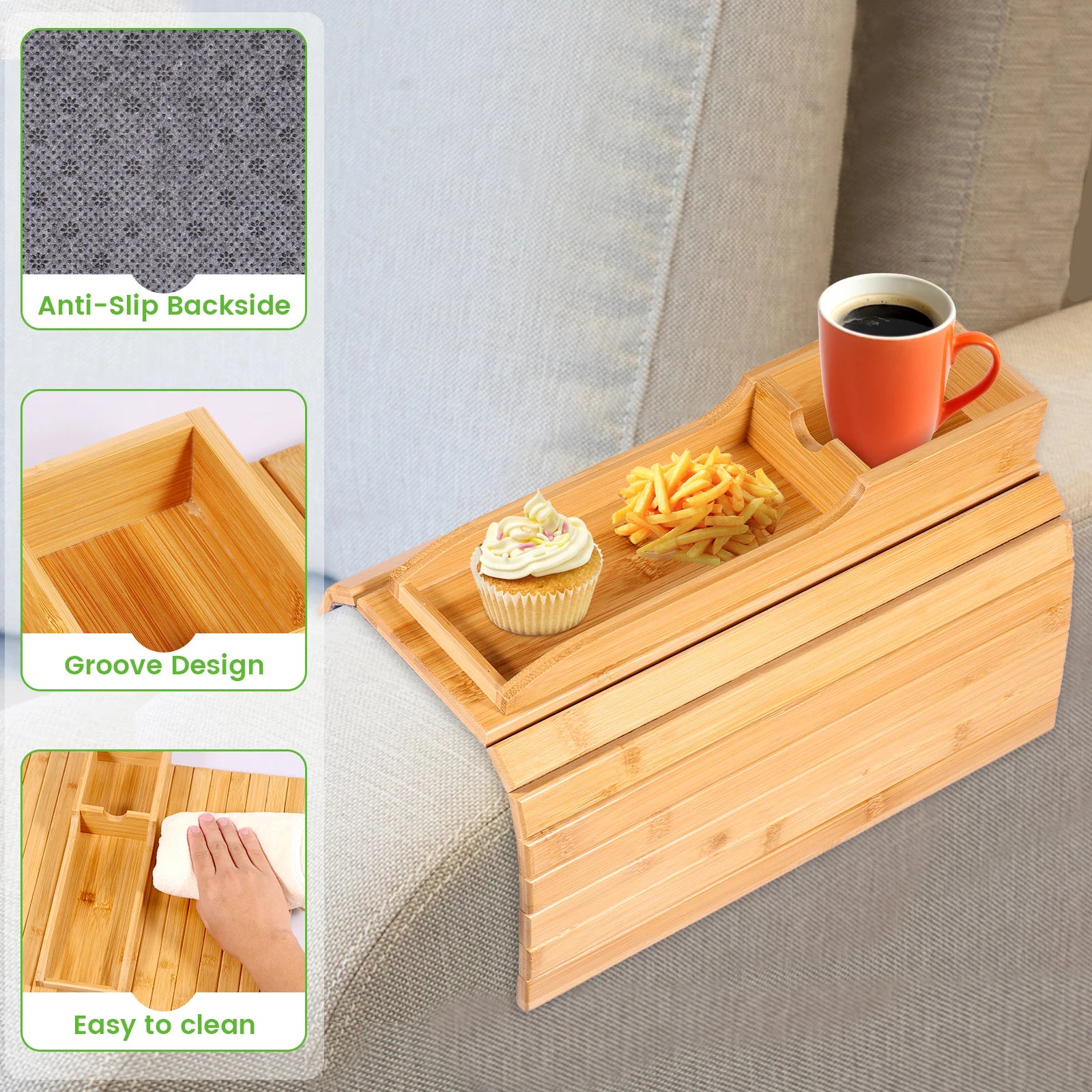 Foldable Bamboo Sofa Armrest Cup Holder Tray