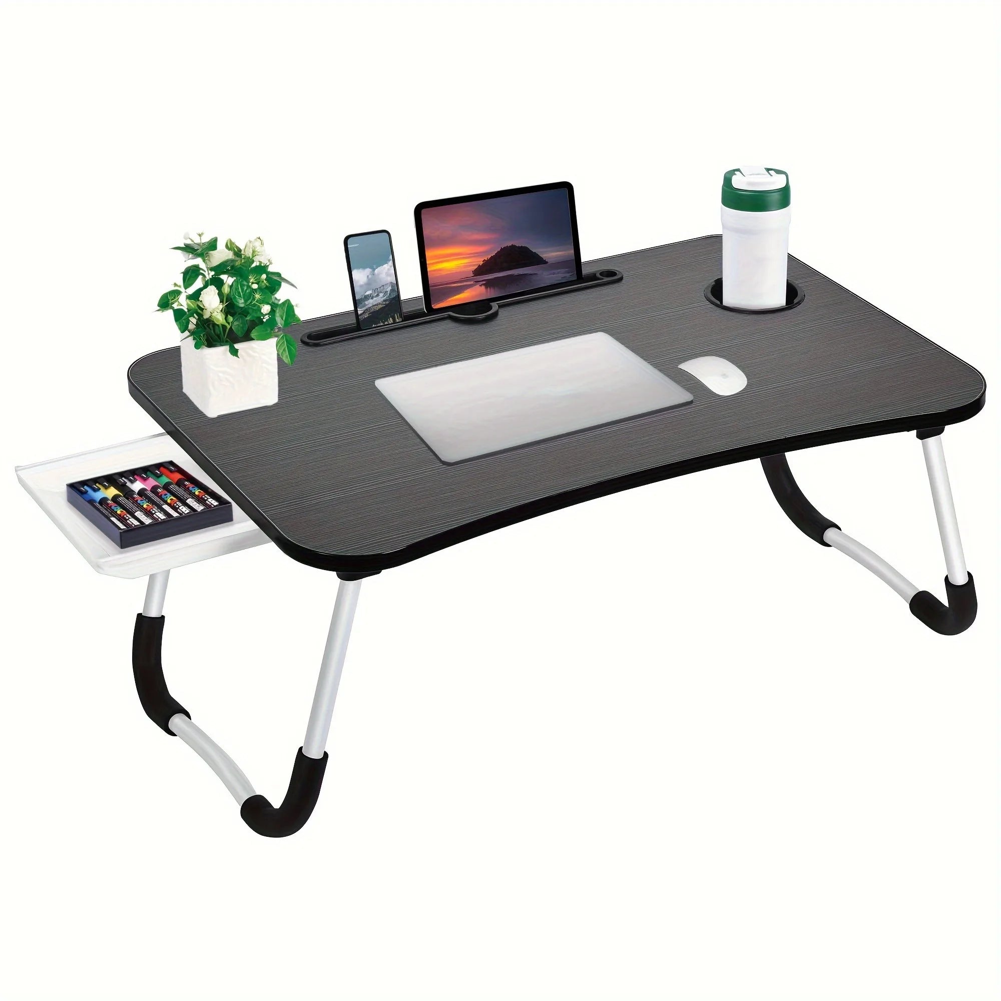 Foldable Laptop Bed Table with Cup Holder & Drawer