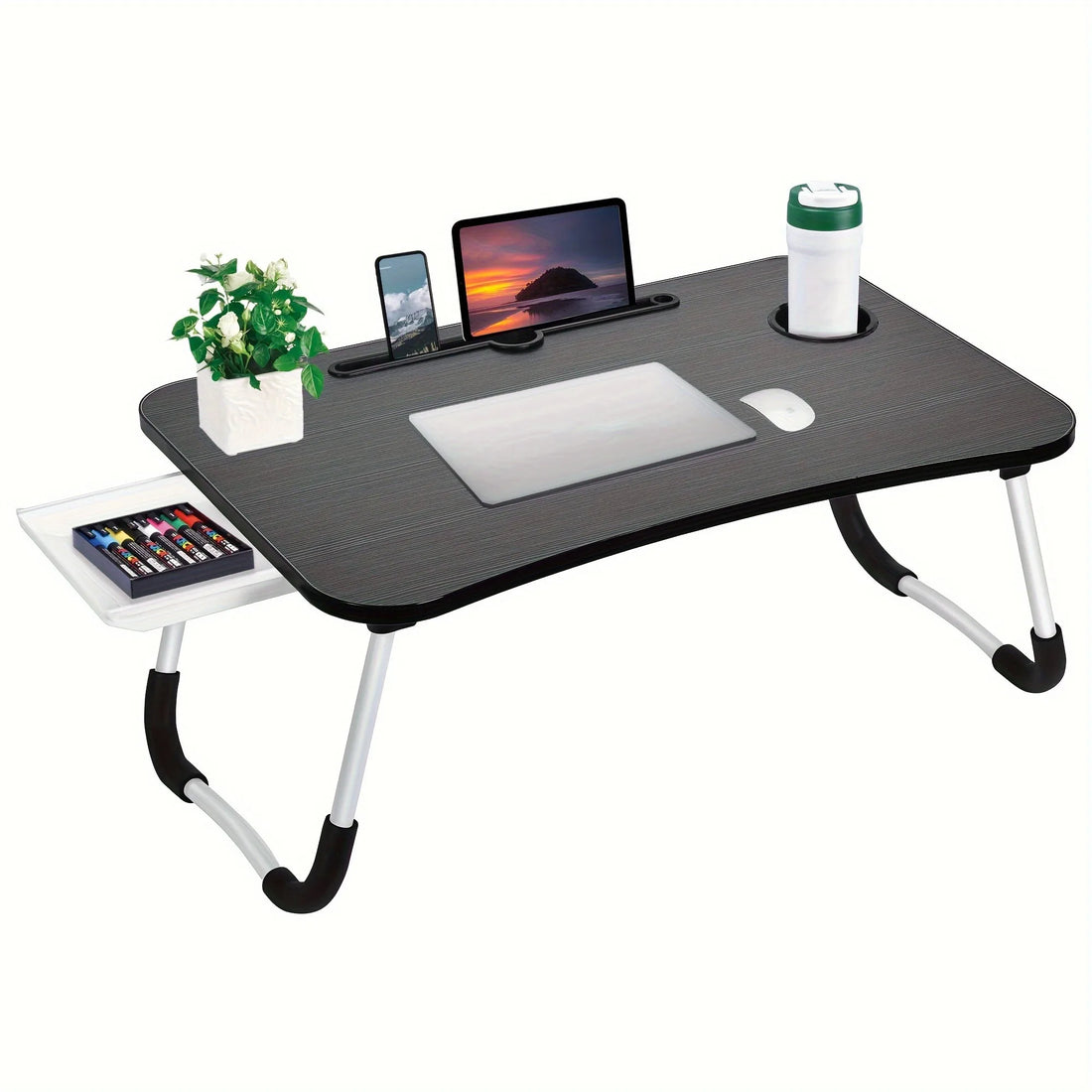 Foldable Laptop Bed Table with Cup Holder & Drawer