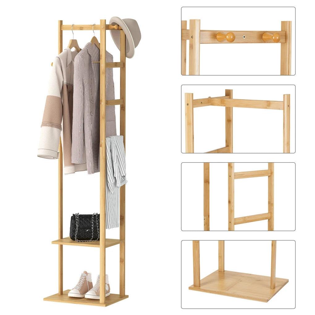 Heavy Duty Bamboo Corner Coat Stand with Shelves