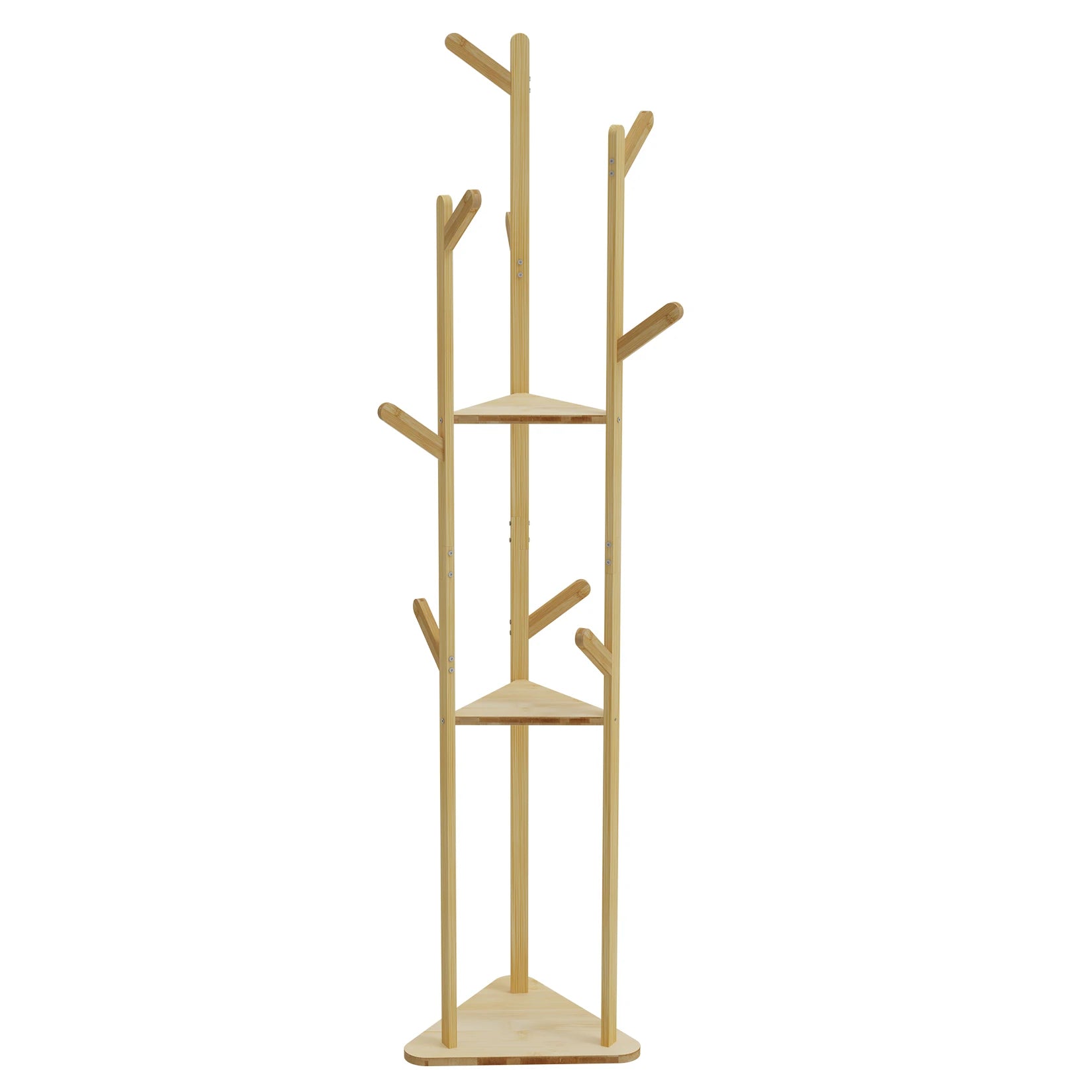 Bamboo Corner Tree Coat Rack with Hooks & Shelves