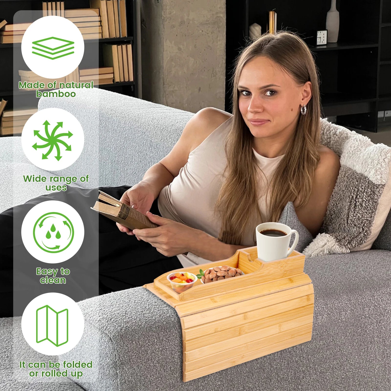 Foldable Bamboo Sofa Armrest Cup Holder Tray