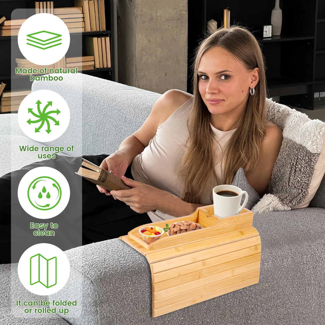Foldable Bamboo Sofa Armrest Cup Holder Tray