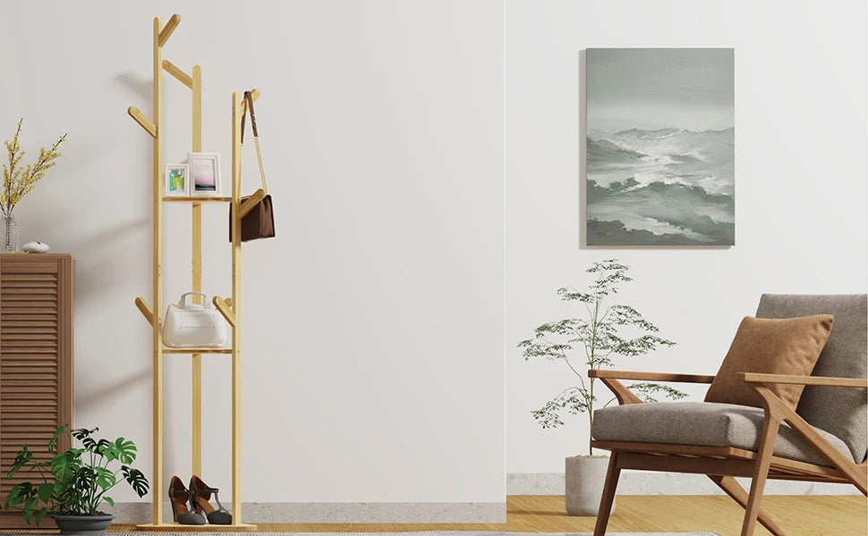 Bamboo Corner Tree Coat Rack with Hooks & Shelves