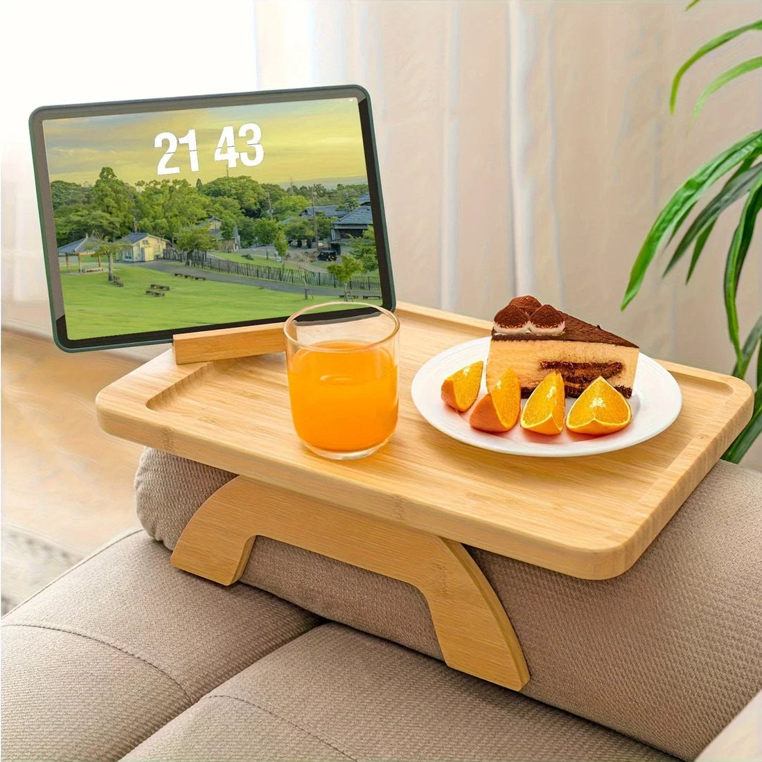Bamboo Clip-On Sofa Arm Tray with Phone Holder