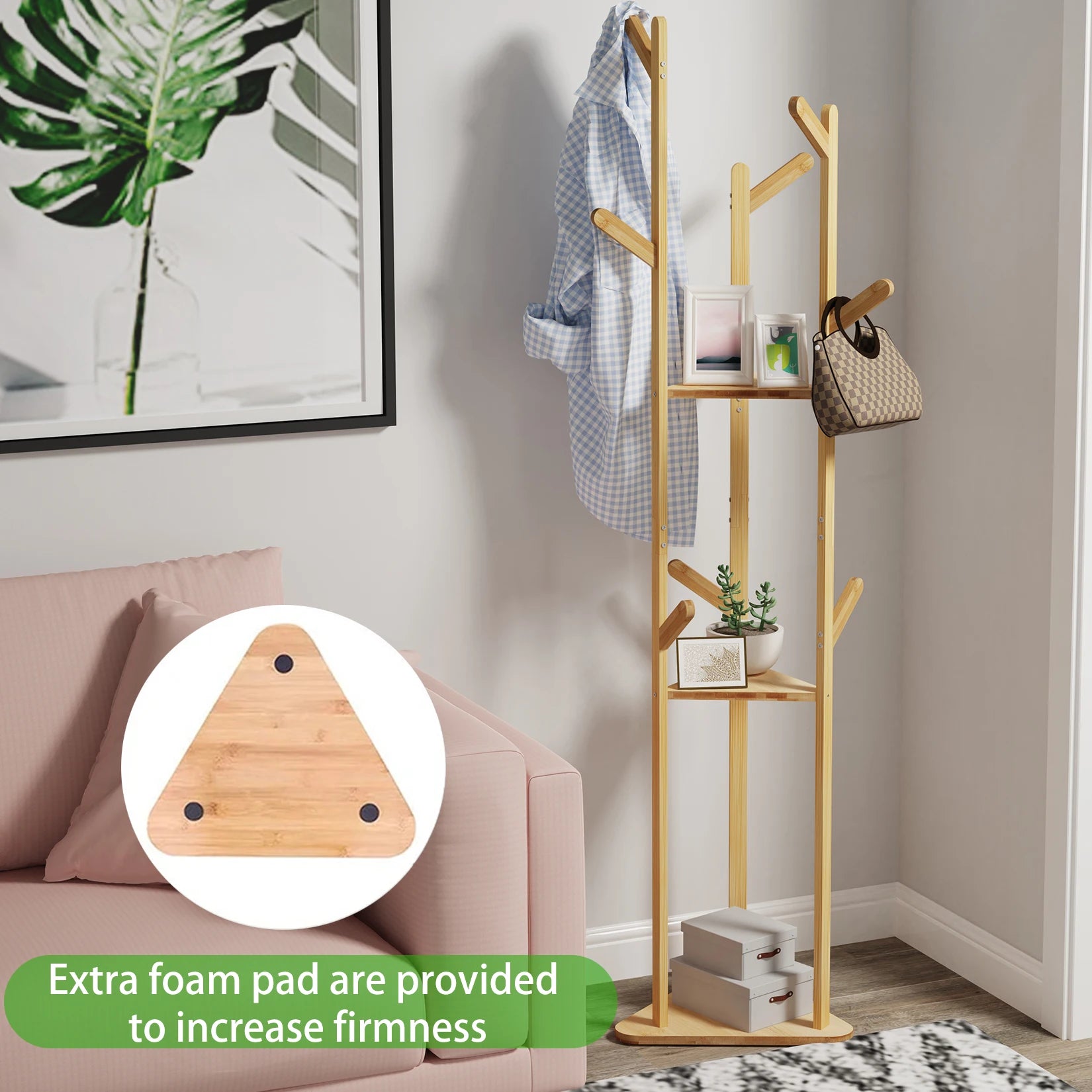 Bamboo Corner Tree Coat Rack with Hooks & Shelves