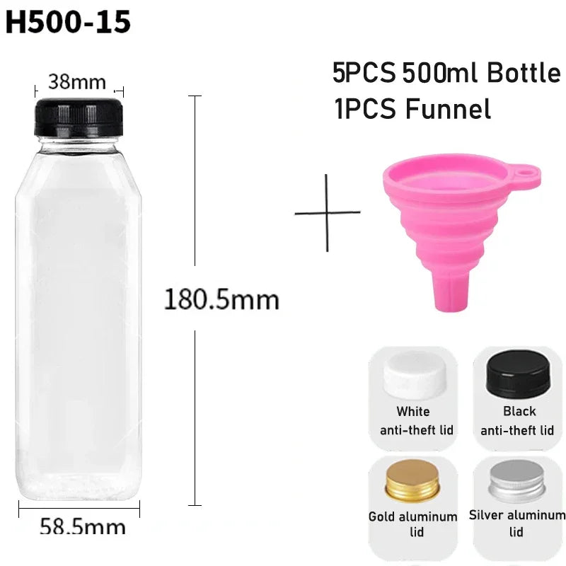 5-Pack Clear Reusable Juice Bottles with Lids & Funnel (60–500ml)