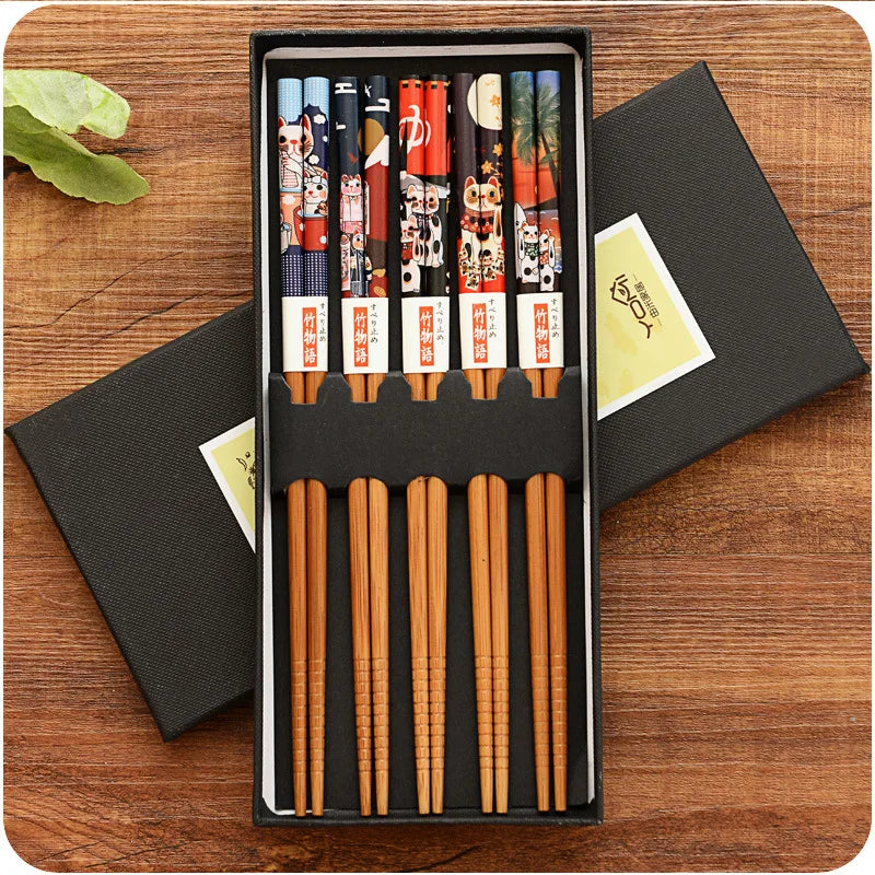 5-Pair Bamboo Non-Slip Chopsticks Set – Multicolor