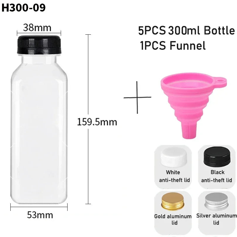 5-Pack Clear Reusable Juice Bottles with Lids & Funnel (60–500ml)