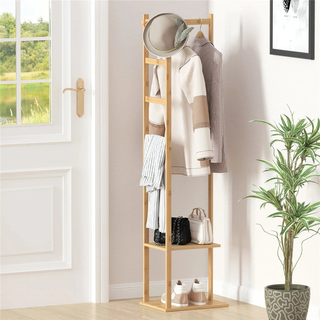 Heavy Duty Bamboo Corner Coat Stand with Shelves