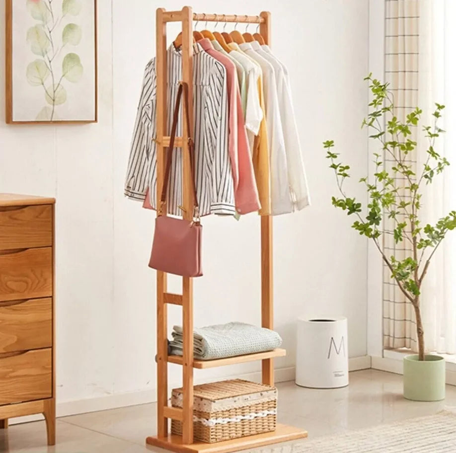 Heavy Duty Bamboo Corner Coat Stand with Shelves