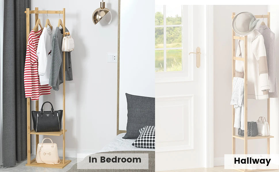 Heavy Duty Bamboo Corner Coat Stand with Shelves