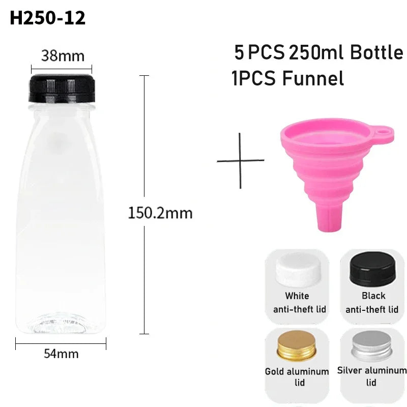 5-Pack Clear Reusable Juice Bottles with Lids & Funnel (60–500ml)