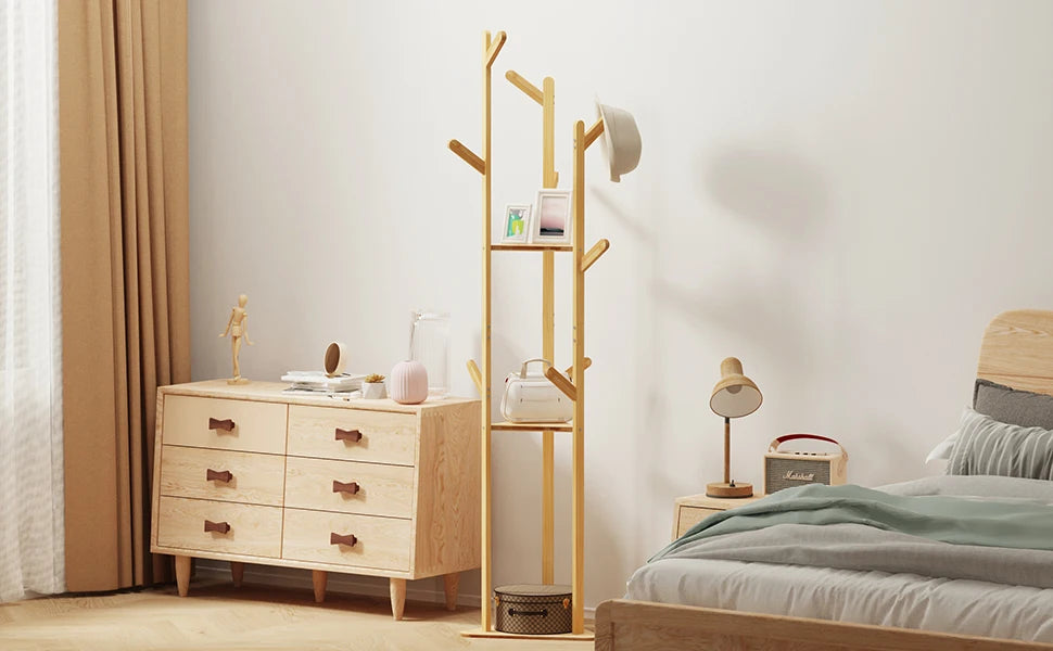 Bamboo Corner Tree Coat Rack with Hooks & Shelves