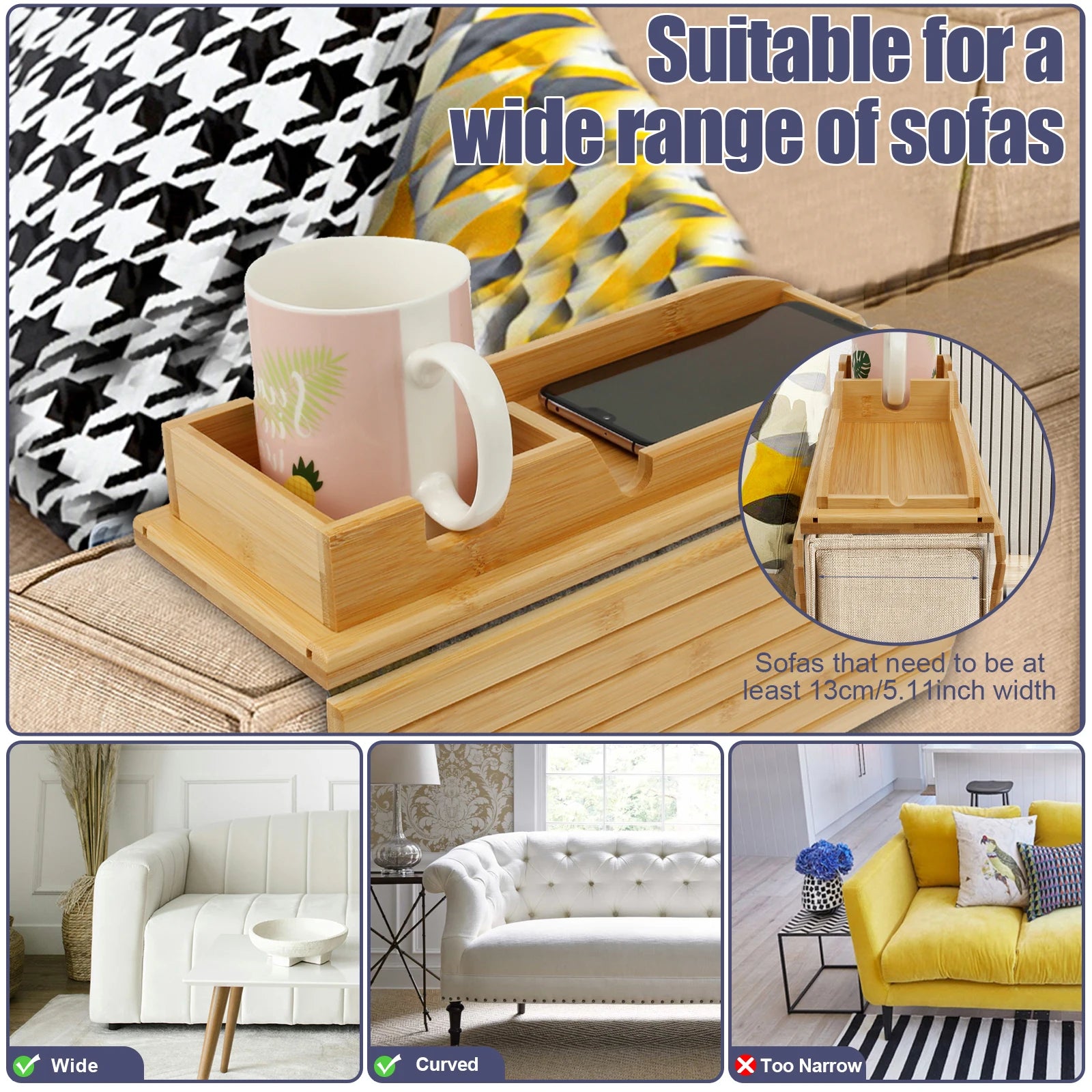 Foldable Bamboo Sofa Armrest Cup Holder Tray