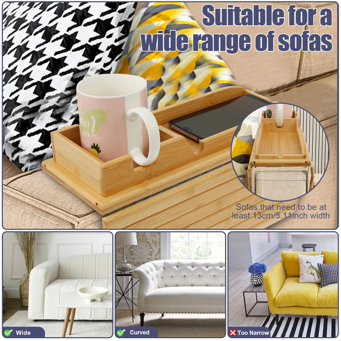 Foldable Bamboo Sofa Armrest Cup Holder Tray