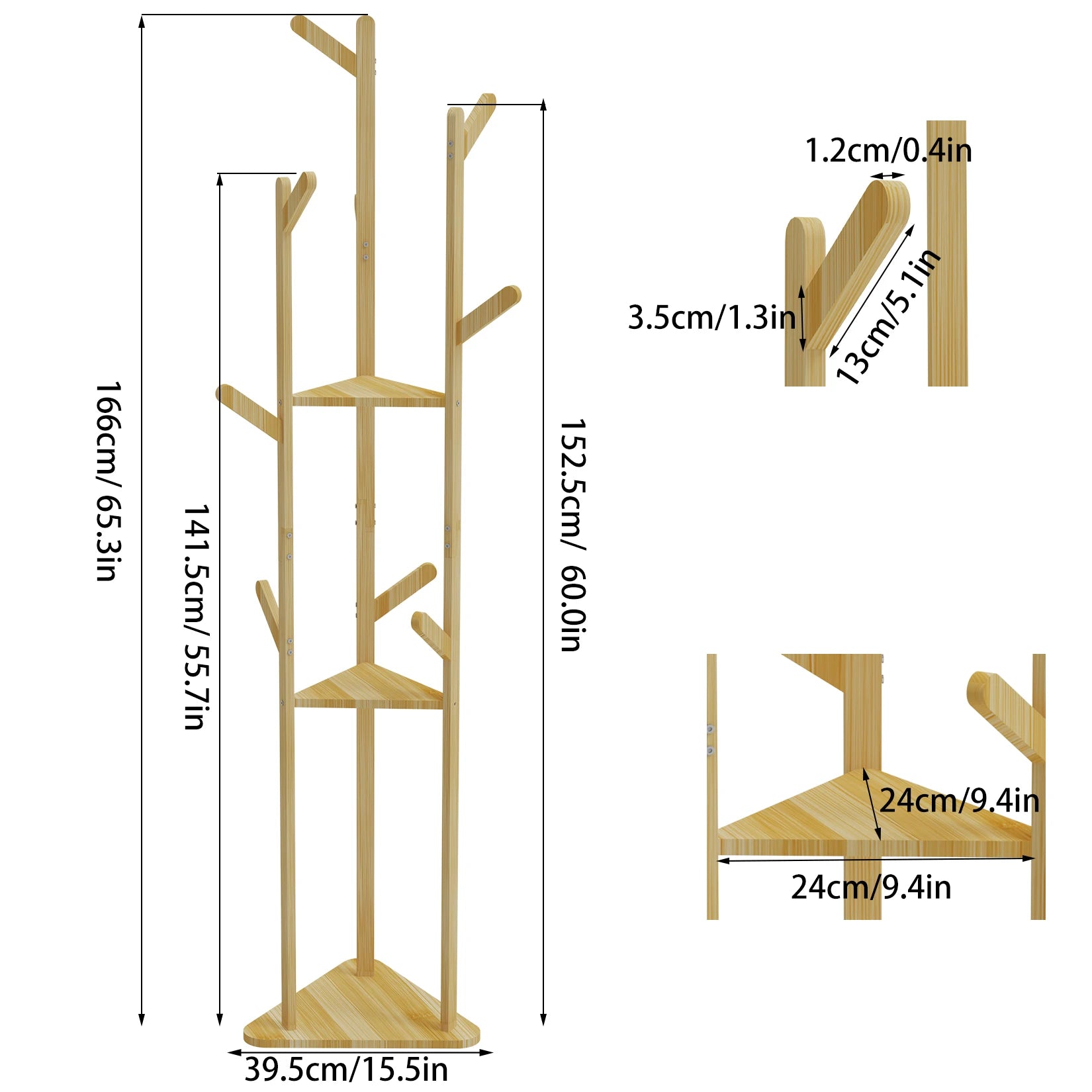 Bamboo Corner Tree Coat Rack with Hooks & Shelves