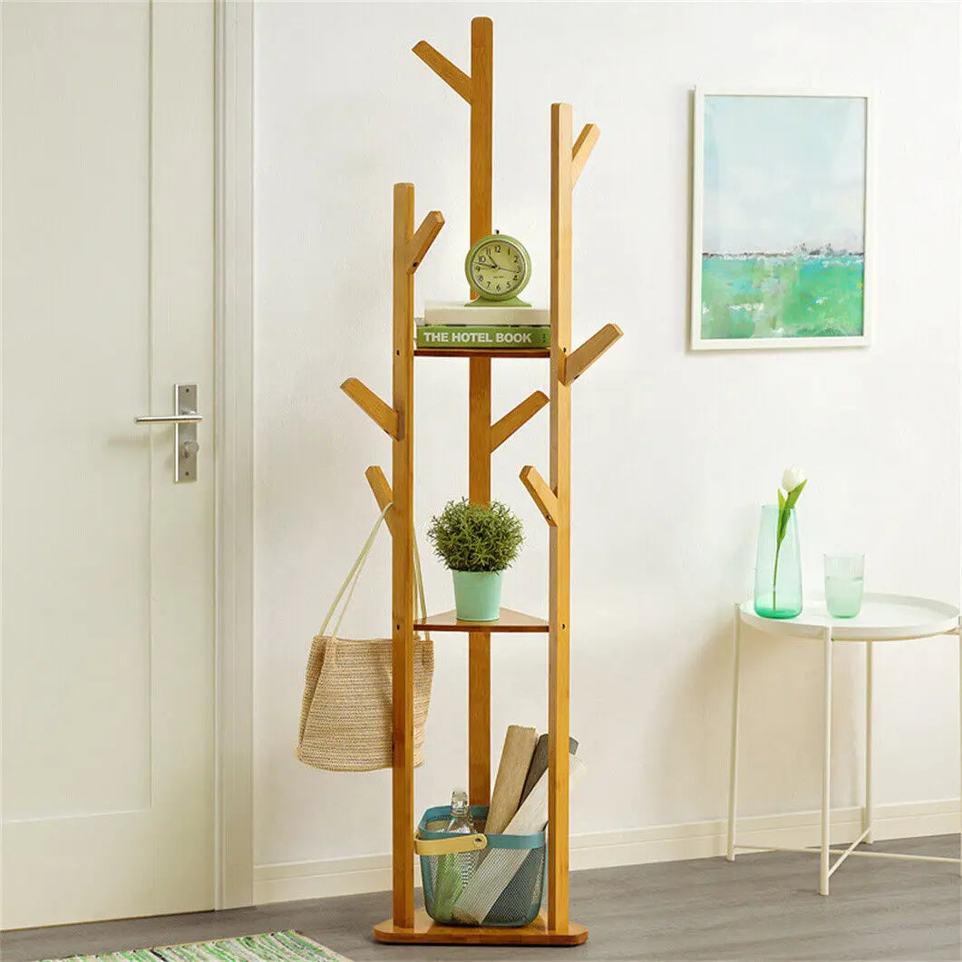 Bamboo Corner Tree Coat Rack with Hooks & Shelves
