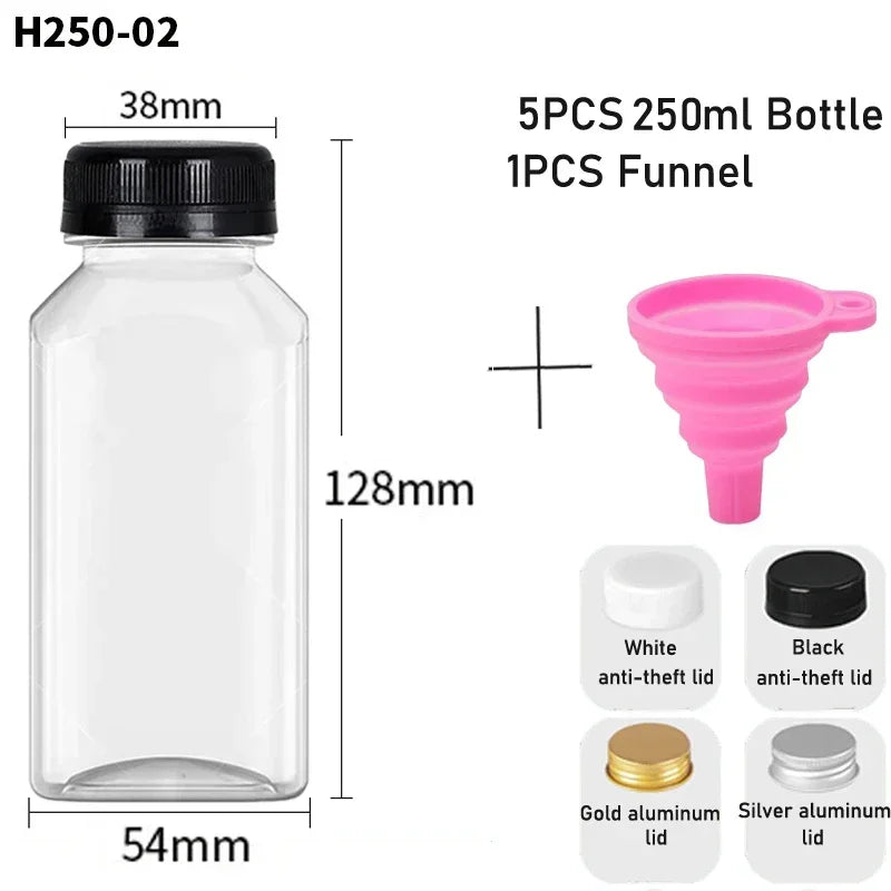 5-Pack Clear Reusable Juice Bottles with Lids & Funnel (60–500ml)