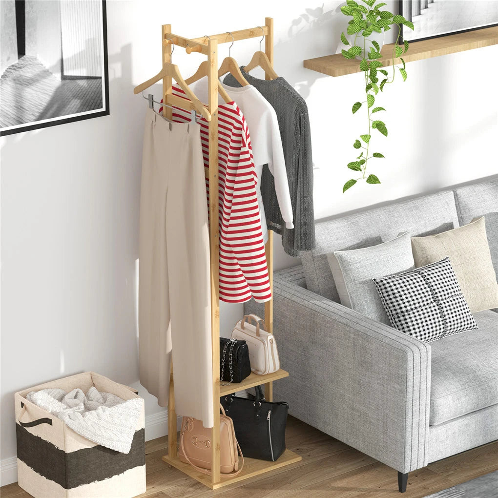 Heavy Duty Bamboo Corner Coat Stand with Shelves