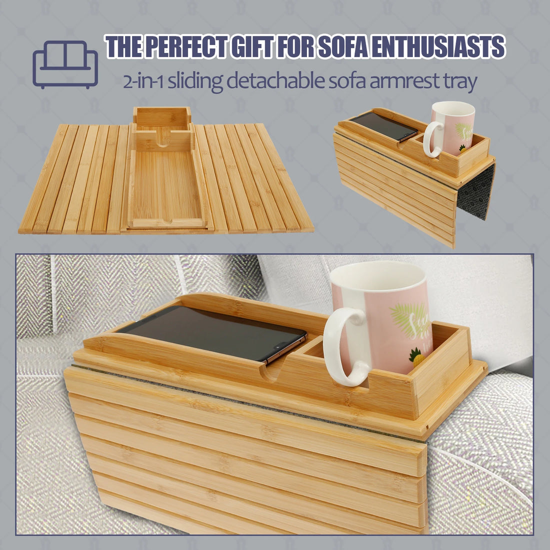 Foldable Bamboo Sofa Armrest Cup Holder Tray