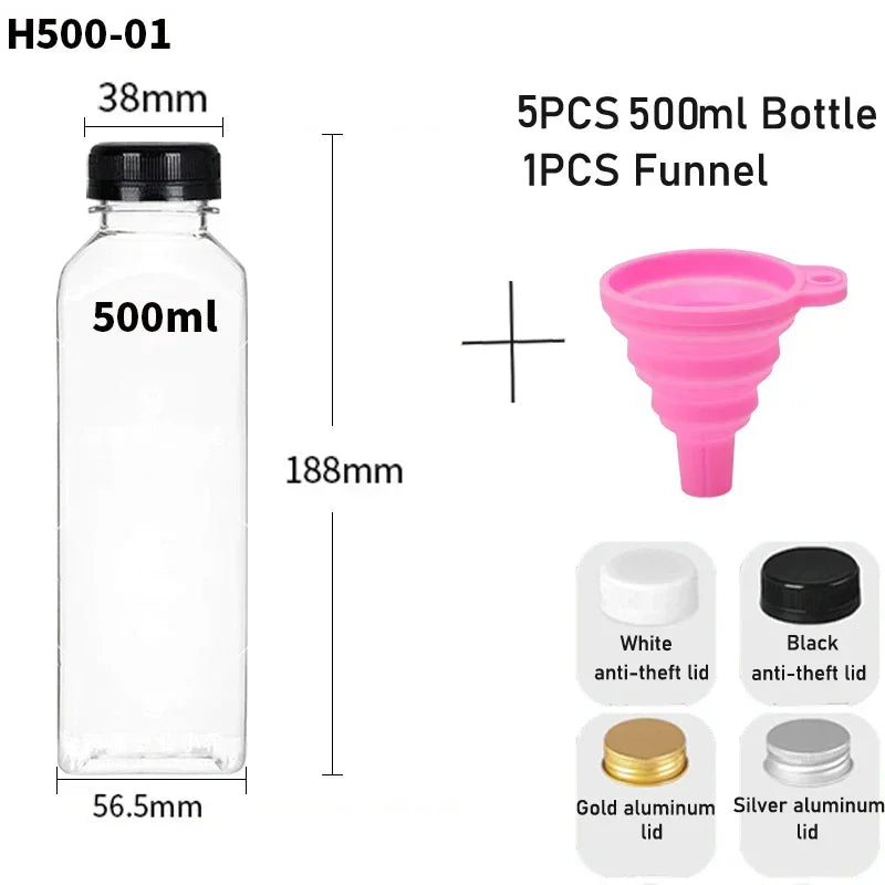 5-Pack Clear Reusable Juice Bottles with Lids & Funnel (60–500ml)