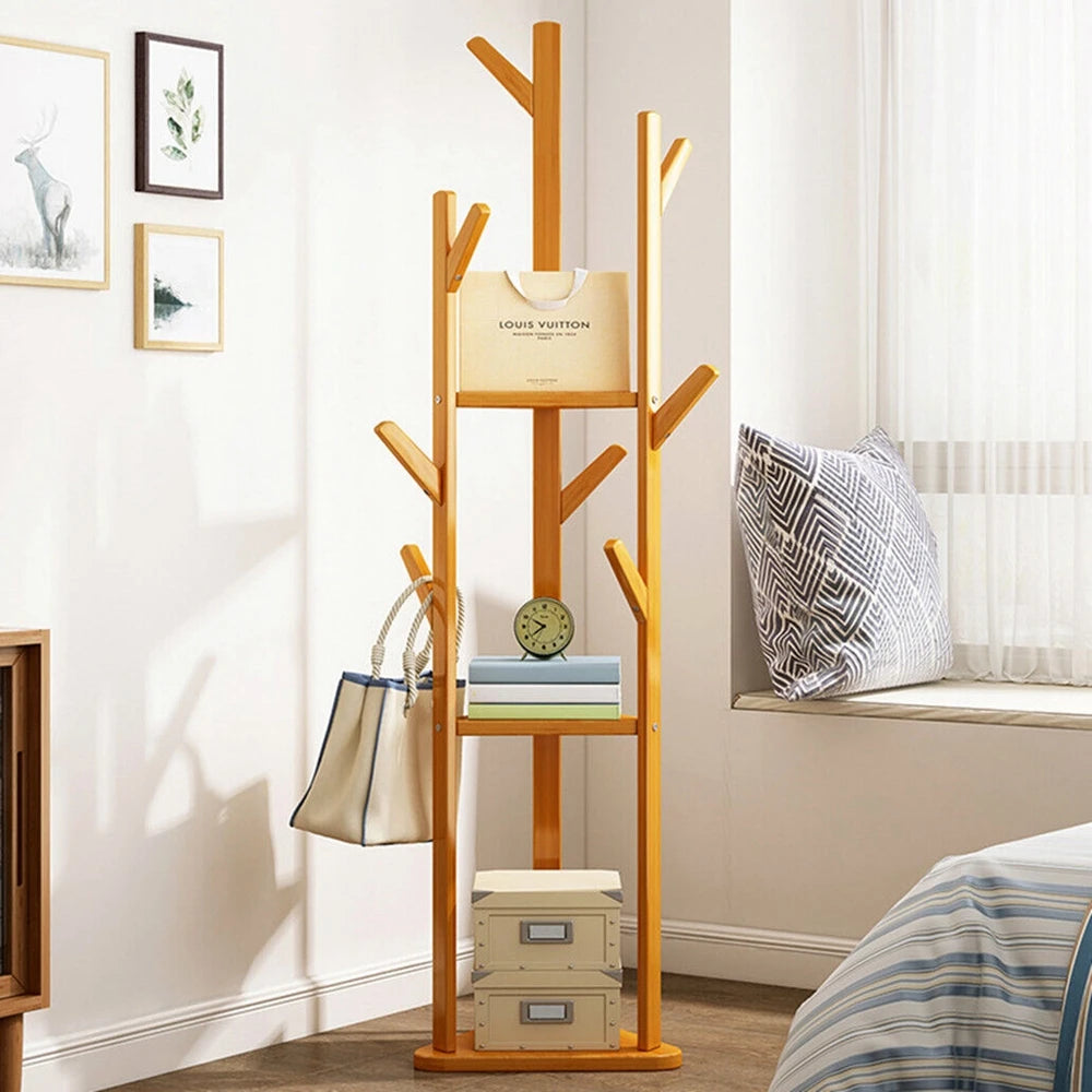 Bamboo Corner Tree Coat Rack with Hooks & Shelves