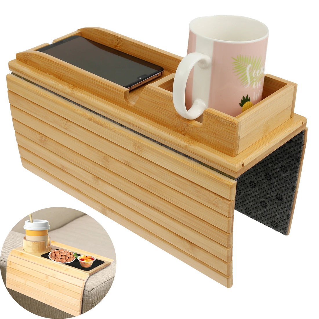 Foldable Bamboo Sofa Armrest Cup Holder Tray